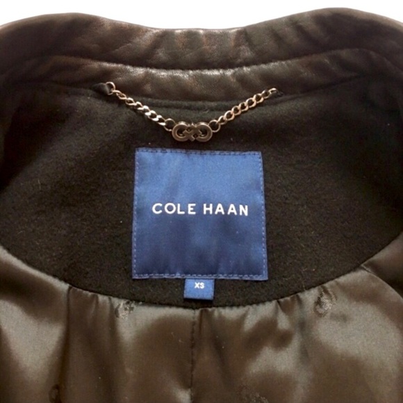 COLE HAAN Leather & Wool Bomber Jacket Black - Picture 6 of 8